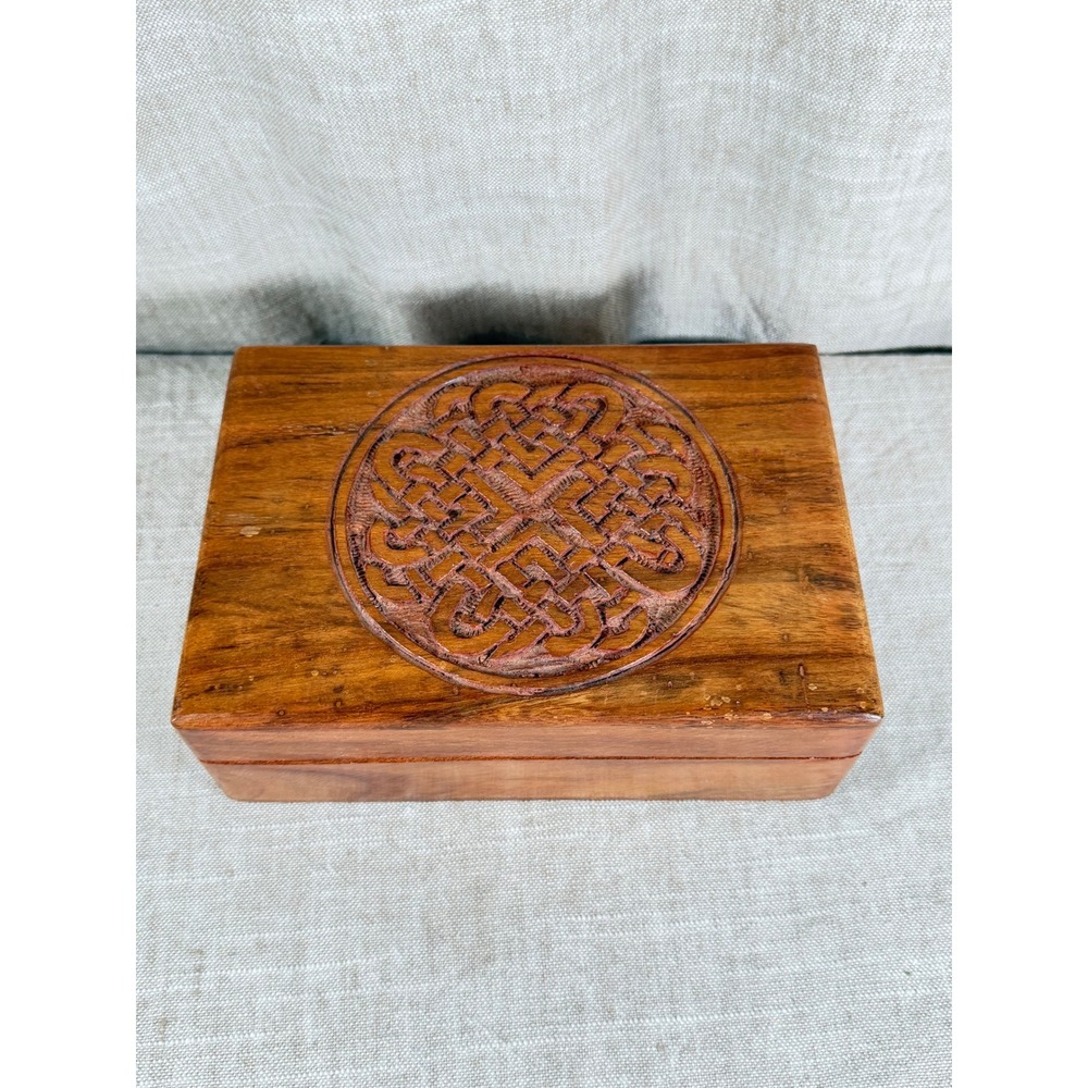 Hand Carved Celtic Knot Wooden Keepsake Box Hinged Lid Brown 7 In Trinket Chest